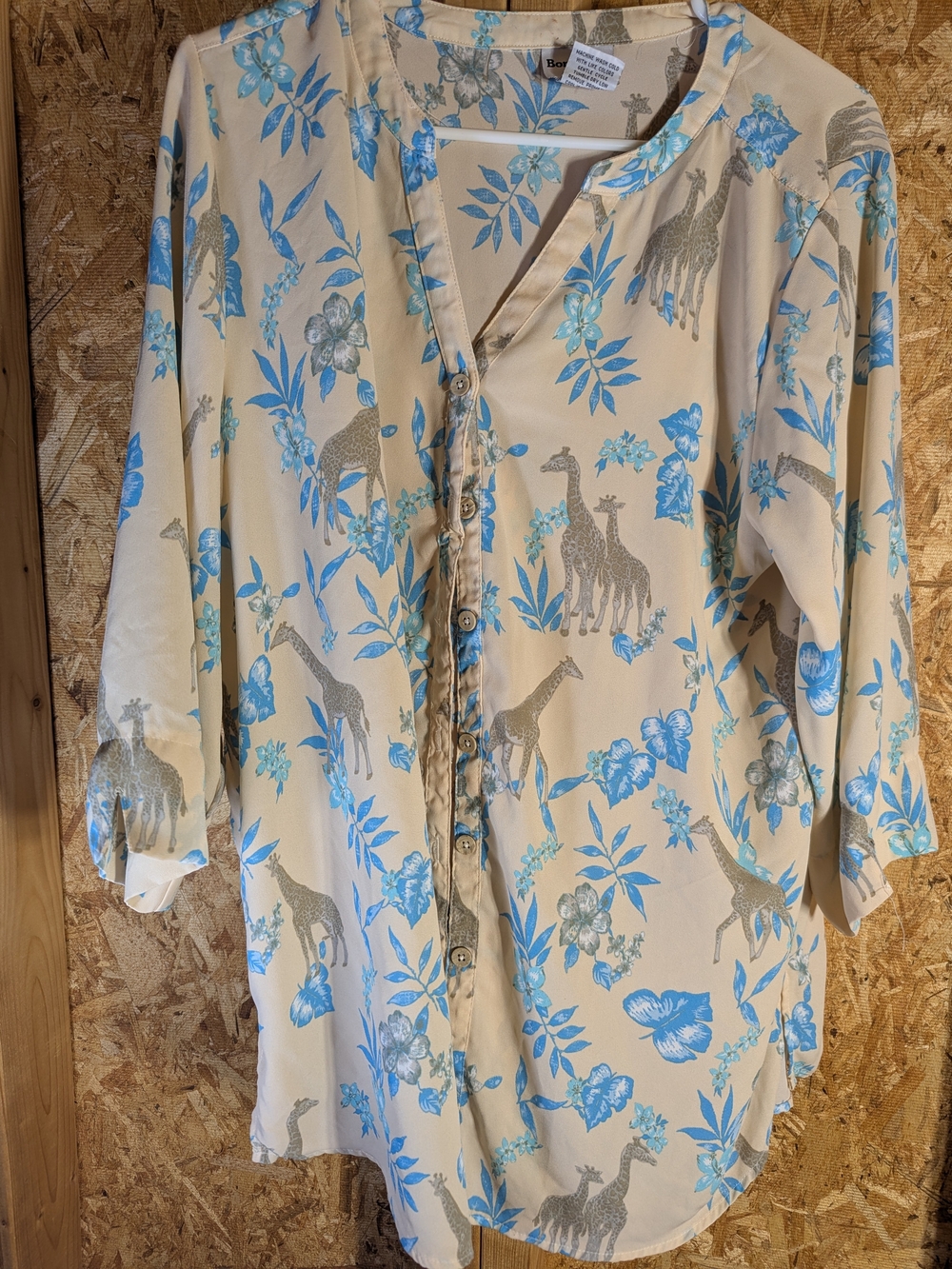 Women's Cream and Blue Giraffe Print Button Up Top